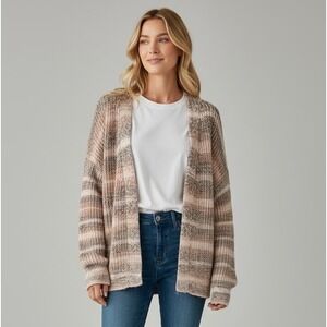 Dex Space Dye Striped Open Front Cardigan Sweater Size Small Pink Brown Sweaters